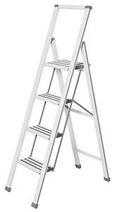 WENKO Leichte Aluminium Trittleiter mit 4 Stufen für 100 cm höheren Stand, rutschsichere XXL-Stufen