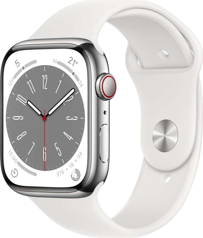 Apple Watch Series 8 (GPS + Cellular) 45mm Edelstahl silber mit Sportarmband weiß