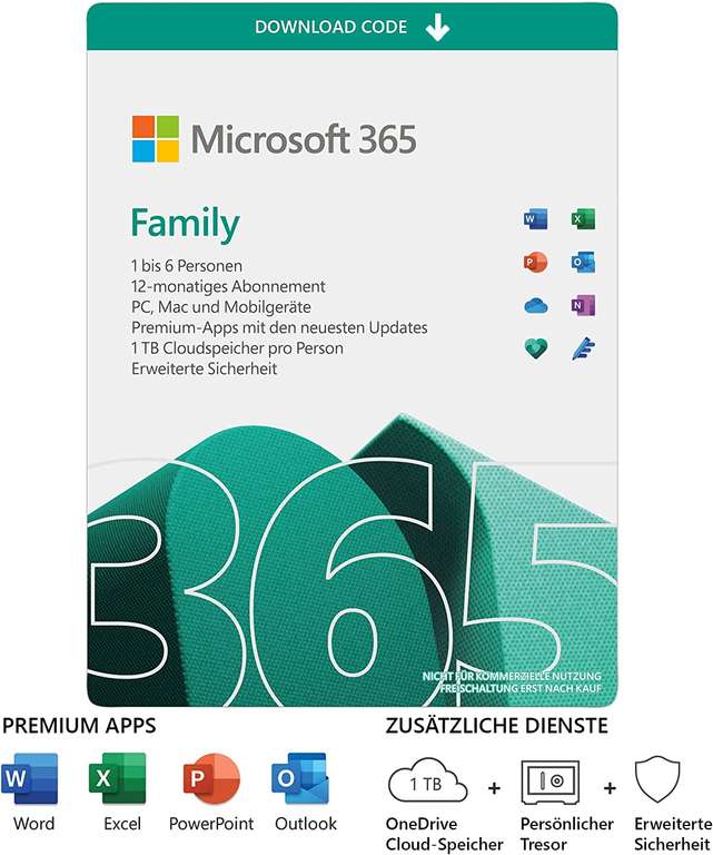 1 Jahr Microsoft 365 Family, 6 Nutzer + 8x tesafilm transparent
