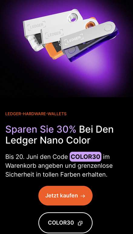 30% bei den Ledger Nano X Color 2 Farben
