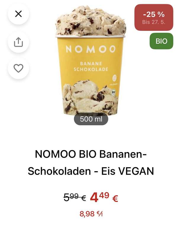 -25% auf NOMOO BIO Bananen-Schokoladen - Eis VEGAN