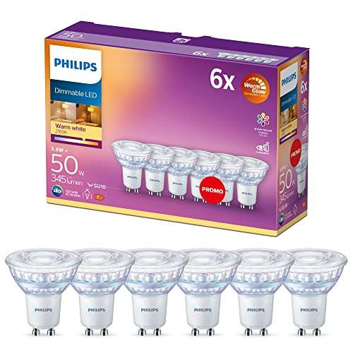 Philips LED Classic WarmGlow GU10 Lampe ersetzt 50W, 6-er Pack, warmweißes Licht 2200-2700 K, 345 lm