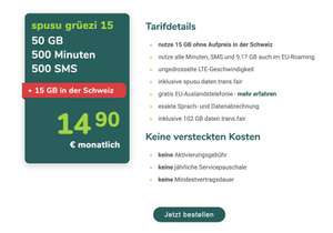 spusu grüezi: 50 GB in AT + 15 GB Datenroaming in CH für 14,90