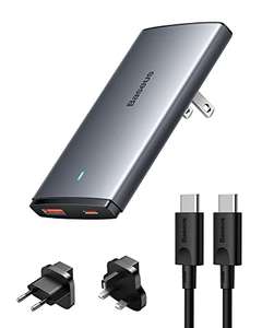 Baseus 65W USB C Ladegerät Slim 16mm 2-Port USB C Netzteil GaN Reiseadapter Weltweites Reiseladegerät mit EU, US, UK Stecker