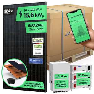 SOLARWAY PV Anlage Komplettset 15 kW mit Deye 12 kW, 15 kWh Akku | Bifazial inkl. Montagesystem, App & WiFi