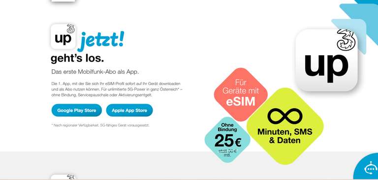 3up Das erste Mobilfunk-Abo als App im Netz von Hutchison Drei Österreich