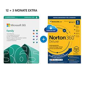 Microsoft 365 Family 12+3 Monate | 6 Nutzer | Mehrere PCs/Macs, Tablets & mobile Geräte + NORTON 360 Deluxe | 5 Geräte |15 Monate