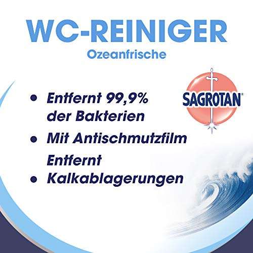 Sagrotan WC-Reiniger Ozeanfrische – 2in1 Reinigungsmittel mit Antischmutzfilm für langanhaltende WC-Frische – 4 x 750 ml