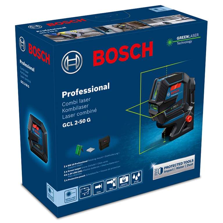 Bosch Professional Kreuzlinienlaser GCL 2-50 G + Halterung RM 10 + Stativ BT 150
