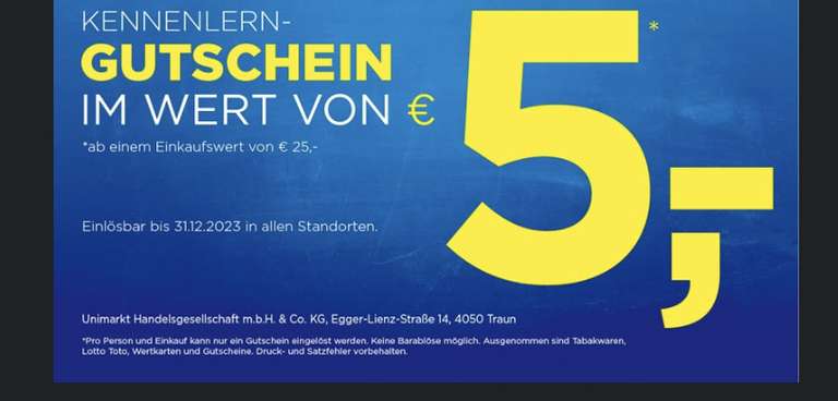 5€ newsletter Gutschein von Unimarkt