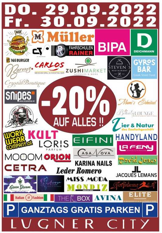 Wien Lugner City 29.09.- 30.09.2022: -20% auf alles* bei Müller und andere Geschäften + weitere Termine