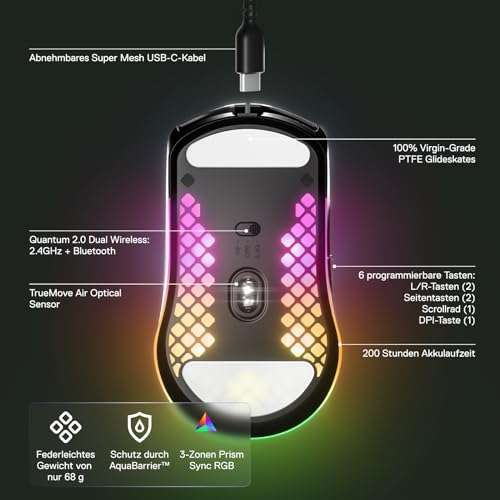 SteelSeries Aerox 3 Wireless - RGB Gaming-Mouse mit Öffnungen in der Oberfläche, 18000 DPI