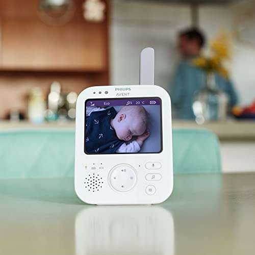 Philips Avent Babyphone mit Kamera, Tag- und Nachtsicht, FHSS-Technologie, 3,3 Zoll Farbbildschirm, weiß (Modell SCD843/26)