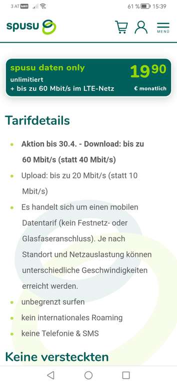 Spusu daten only Tarif, bis zu 60 Mbit/s im LTE Netz