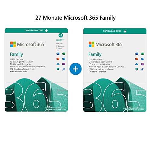Microsoft 365 Family | 6 Nutzer | Mehrere PCs/Macs, Tablets und mobile Geräte | insgesamt 27 Monate nutzen | Aktivierungscode per Email