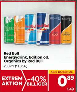 Red Bull und Organics 89 cent ab 6 Dosen 14.7. bis 20.7. Plus und Billa