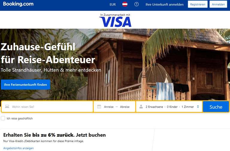 6 % Cashback mit VISA & Booking.com