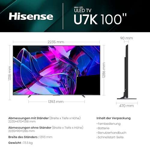 Hisense 100U7KQ (100 Zoll) Fernseher 4K Mini LED ULED HDR Smart TV, Quantum Dot, 120Hz