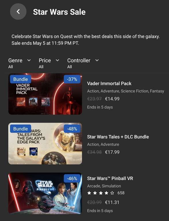 Star Wars Sale im Oculus/Meta Store