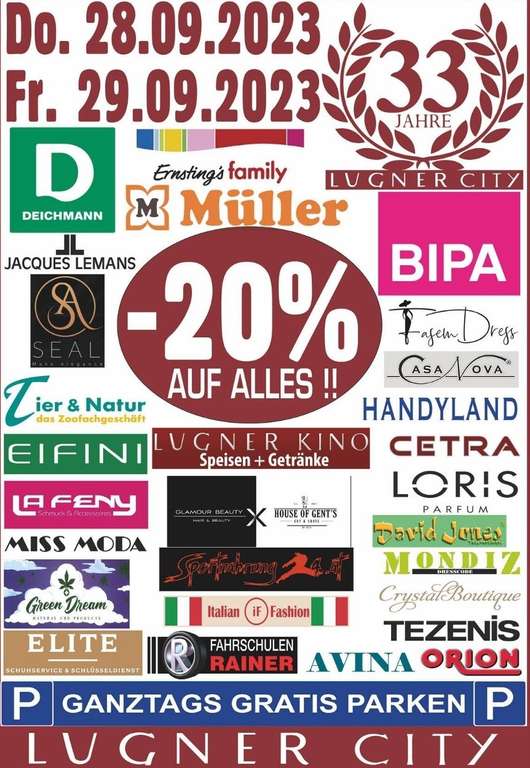 Lugner City: -20% auf alles* in 30 Shops (z.b. Müller, Bipa, Deichmann)
