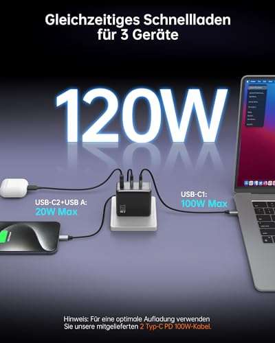 NOVOO 120W USB C Ladegerät GaN Ⅲ 3-Port USB C Netzteil Schnellladegerät mit 2 PD 100W Typ-C-Kabeln