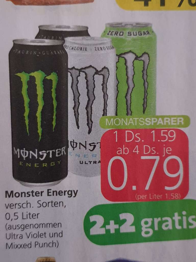 Weiter geht's beim Spar: Monster Energy Drink ab 4 Dosen je 79 Cent 02.03.-22.03., zusätzlich beim Billa/Plus 16.3.-22.3.