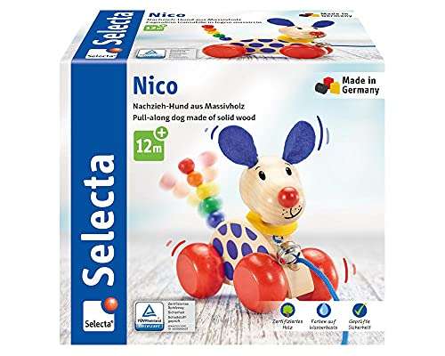 Selecta 62026 Nico, Nachzieh Hund, Schiebe-und Nachziehspielzeug aus Holz, 12 cm