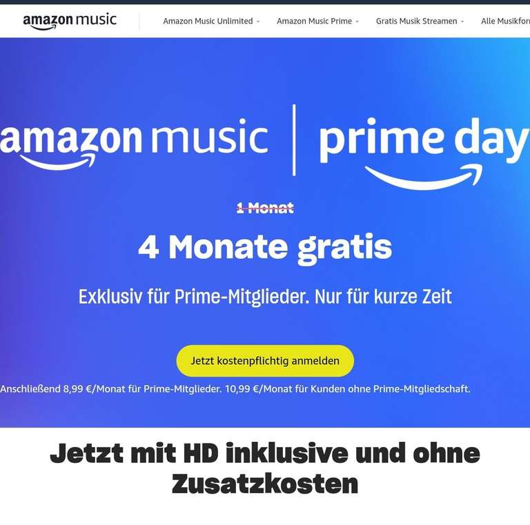 Amazon Music Unlimited 4 Monate Gratis für Prime Mitglieder