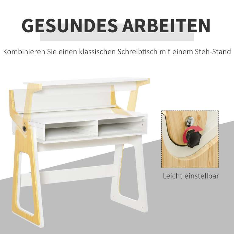 HOMCOM Schreibtisch Steh & Sitzpult mit verstellbarem Regal & 2 Fächer aus Kiefer Natur Weiß 98 x 56,5 x 100,5 cm
