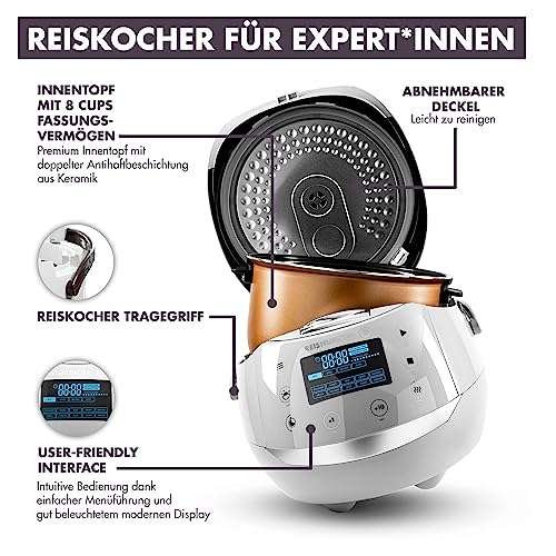 REISHUNGER Digitaler Reiskocher & Dampfgarer Weiß | 1,5 L bis 8 Personen