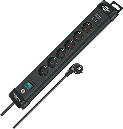 Brennenstuhl Premium-Line Steckdosenleiste 6-fach mit 3m Kabel und Schalter, mit Aufhänge-Vorrichtung, 2-fach USB 3,1