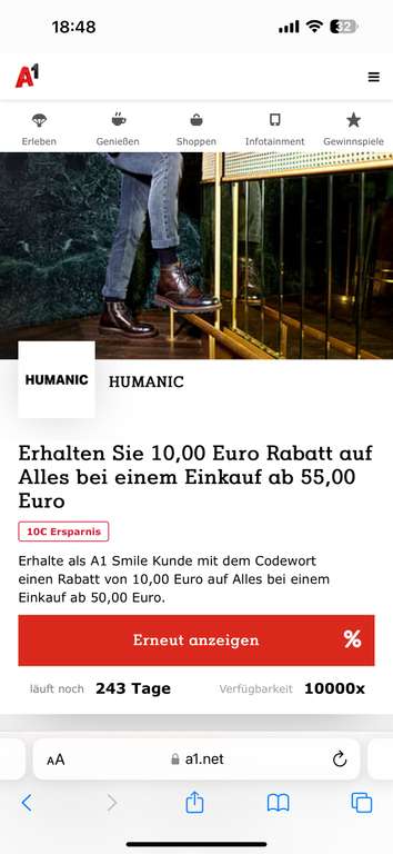 10€ Humanic Gutschein ab 55€