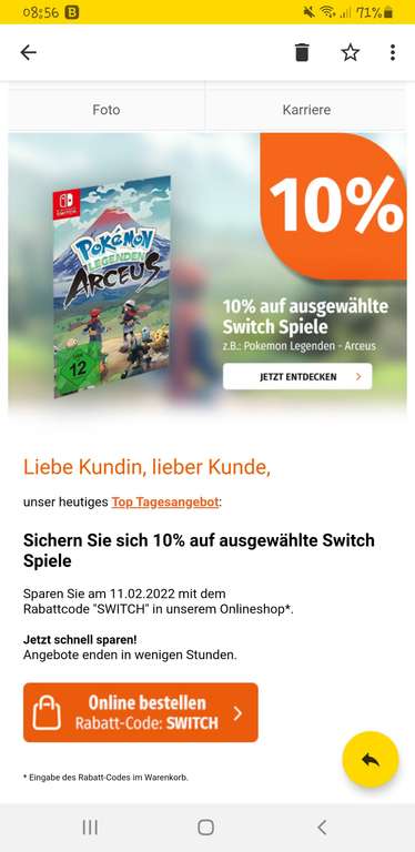 10% Rabatt auf Nintendo Switch Spiele im Müller Onlineshop