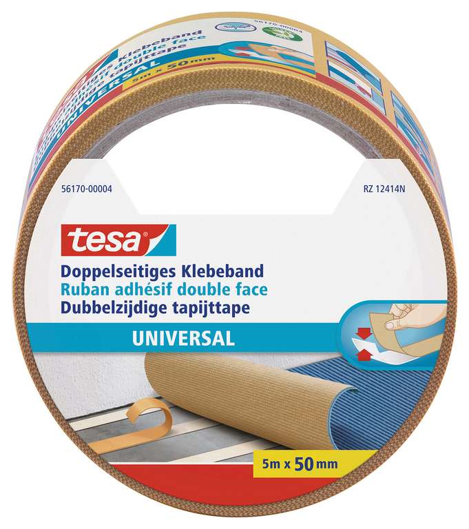 Tesa Doppelseitiges Klebeband Universal - Vielseitiges Klebeband für Verpackungen, 5 m x 50 mm