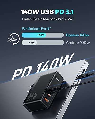 Baseus USB C Ladegerät, 140W 3-Port PD 3.1 GaN