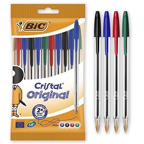 BIC Cristal Original, 10er Kugelschreiber-Set, Kulis mit blauer, schwarzer, roter und grüner Farbmine