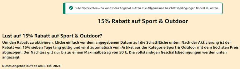 Amazon - 15% Rabatt auf Sport & Outdoor (personalisiert)