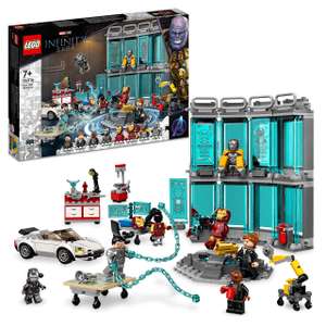 LEGO 76216 Marvel Iron Mans Werkstatt mit 3 Kampf-Anzügen, Spielzeugauto und Roboter