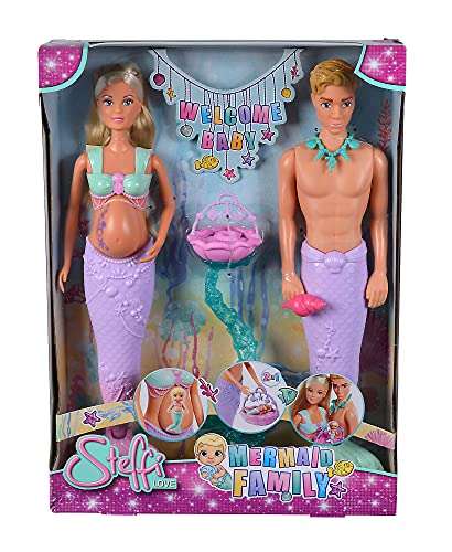 Simba 105733524 - Steffi Love Mermaid Family, Puppe als schwangere Meerjungfrau mit Kevin als Meerjungmann, mit Babybett