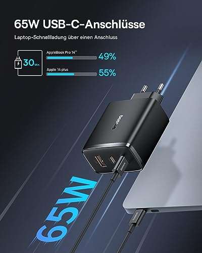 Baseus USB C Ladegerät, 65W USB C Netzteil 3-Port, PD, GaN