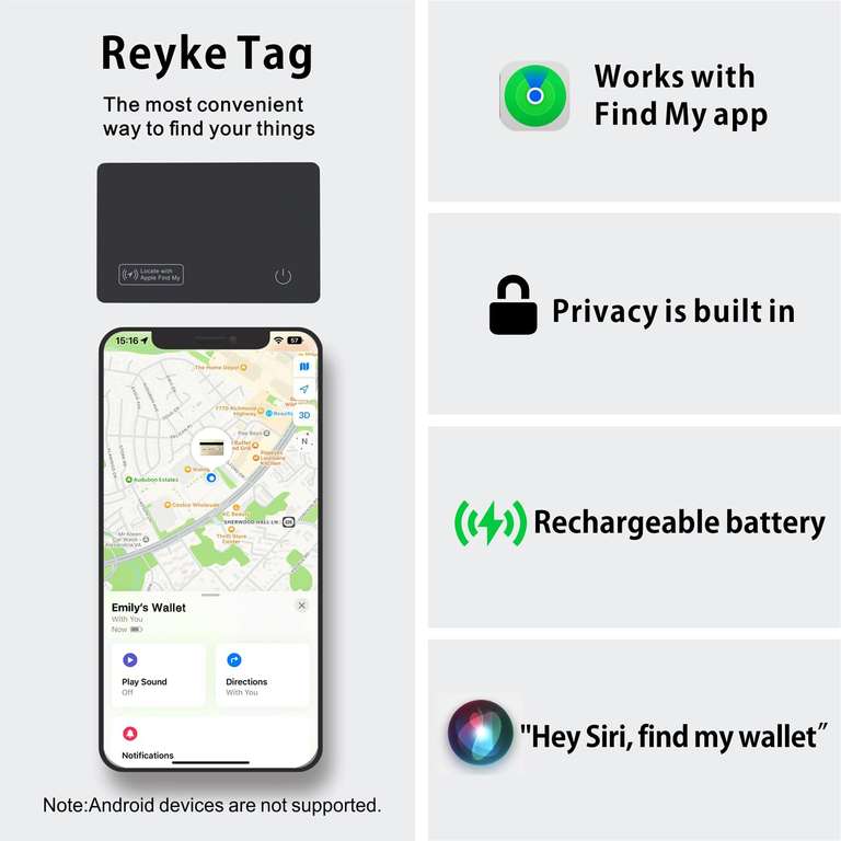 Reyke Geldbörsen-Tracker-Karte, wiederaufladbarer Geldbörsenfinder, funktioniert mit Find My (nur iOS)
