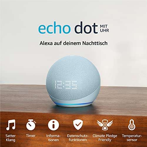 Zertifiziert und generalüberholt Echo Dot (5. Gen, 2022) mit Uhr | Smarter Lautsprecher mit Uhr und Alexa | Graublau