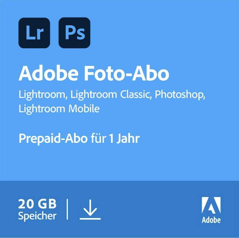 Adobe Creative Cloud Foto-Abo mit 20GB: Photoshop und Lightroom | 1 Jahreslizenz