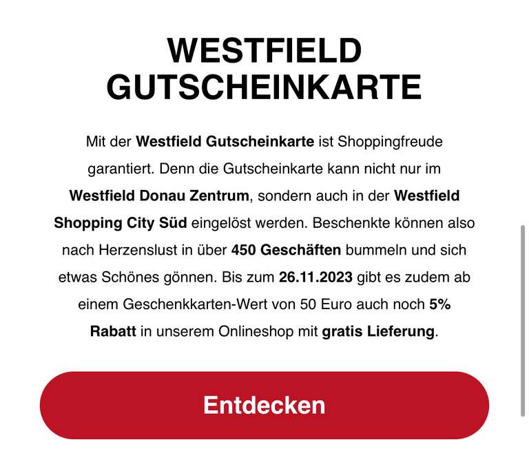 -5% auf Gutscheinbestellung bei Westfield online