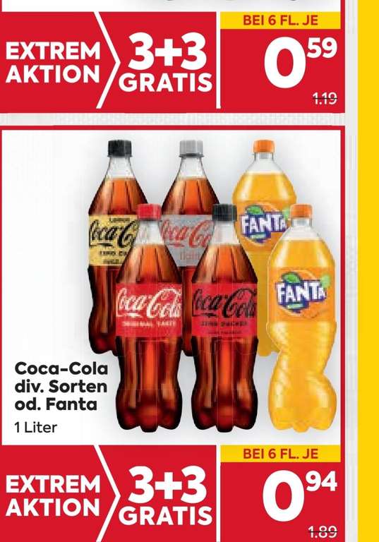 Billa EXTREM Aktion 3 plus 3 gratis 1 Liter Cola oder Fanta