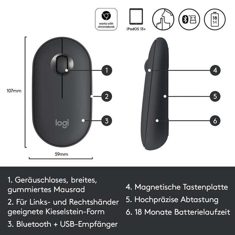 Logitech M350 Pebble Maus, Bluetooth und 2.4 GHz Verbindung via Nano USB-Empfänger, 18-Monate Akkulaufzeit, 3 Tasten