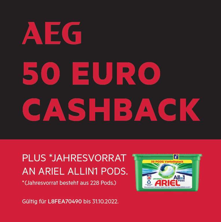 AEG Waschmaschine L8FEA70490 + € 50 Cashback + Jahresbedarf an Ariel Allin1-Pods + Gratis Lieferung