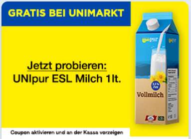 [Payback/Unimarkt] Gratis UNIpur ESL-Milch 1 l (+ 10 extra °P)