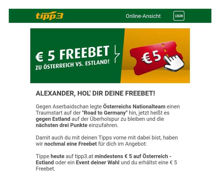 Tipp3 5€ Freebet wenn man vorher um 5€ eine Wette abschließt