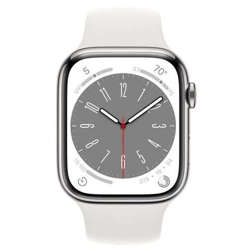 Apple Watch Series 8 (GPS + Cellular) 45mm Edelstahl silber mit Sportarmband weiß